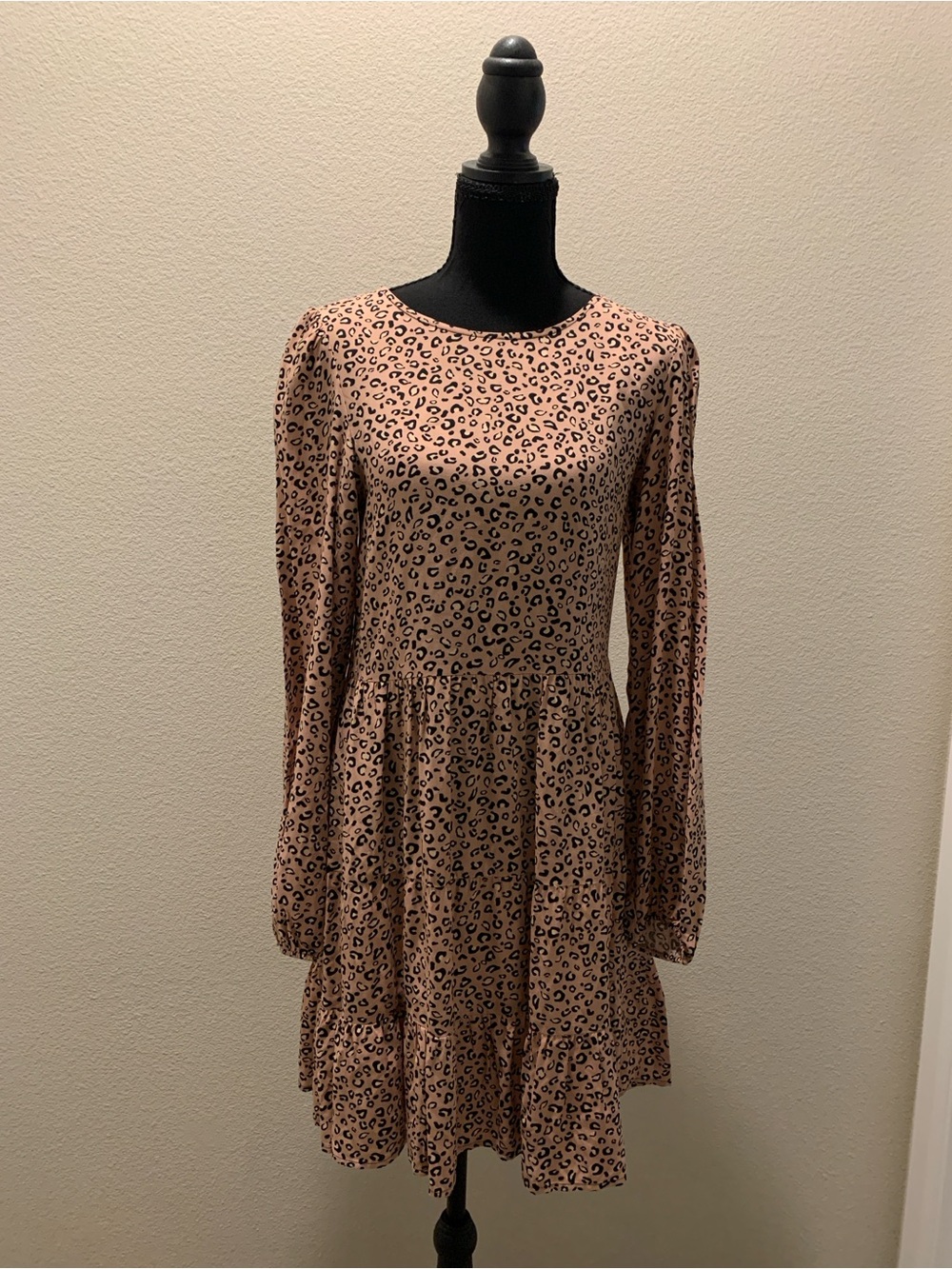 Clockhouse Long-Sleeve Pink Leopard Print Tiered Dress (Size 34; Size 0-2 (XS))